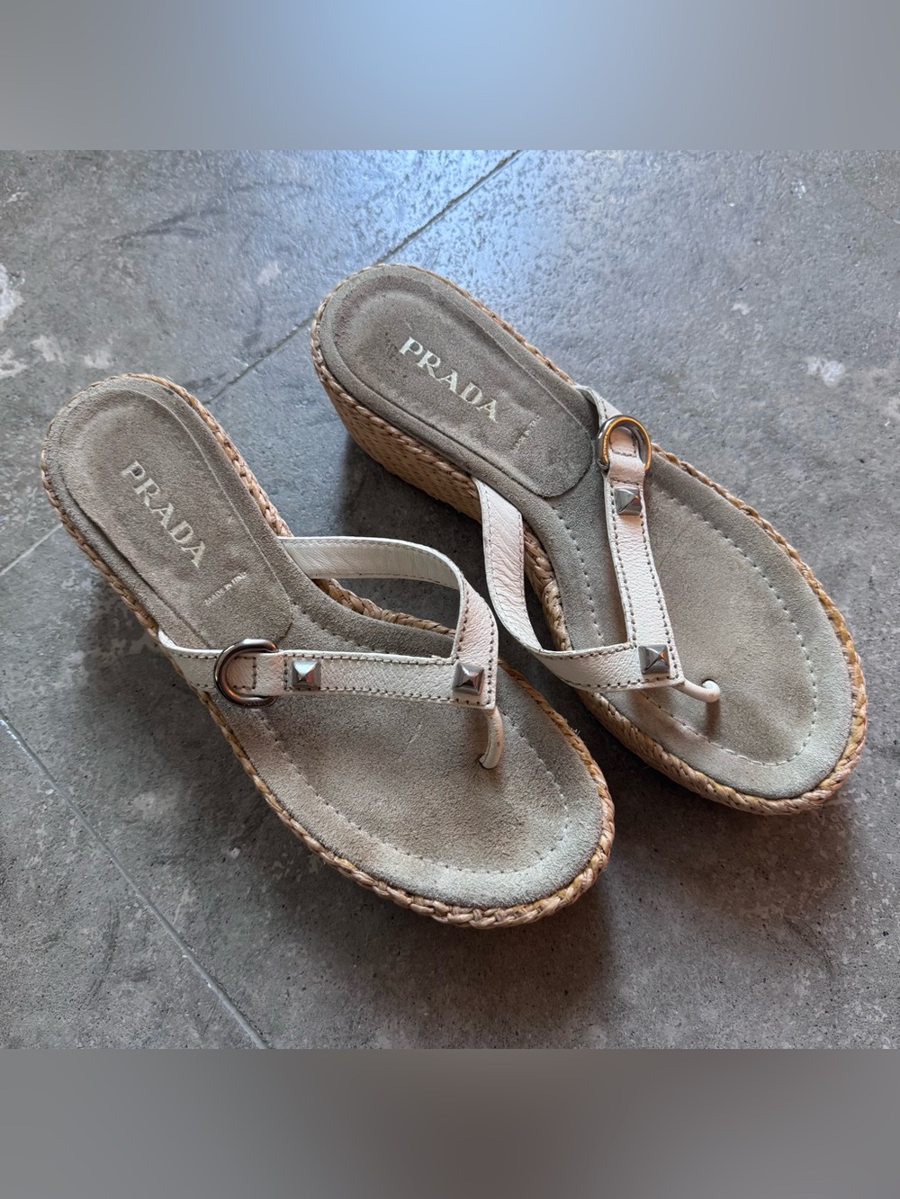 Prada White Leather Espadrille Wedge Thong Sandals